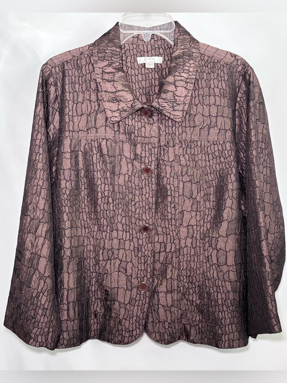 Erin London Dark Brown Textured Animal Pattern Button Down Lightweight Jacket